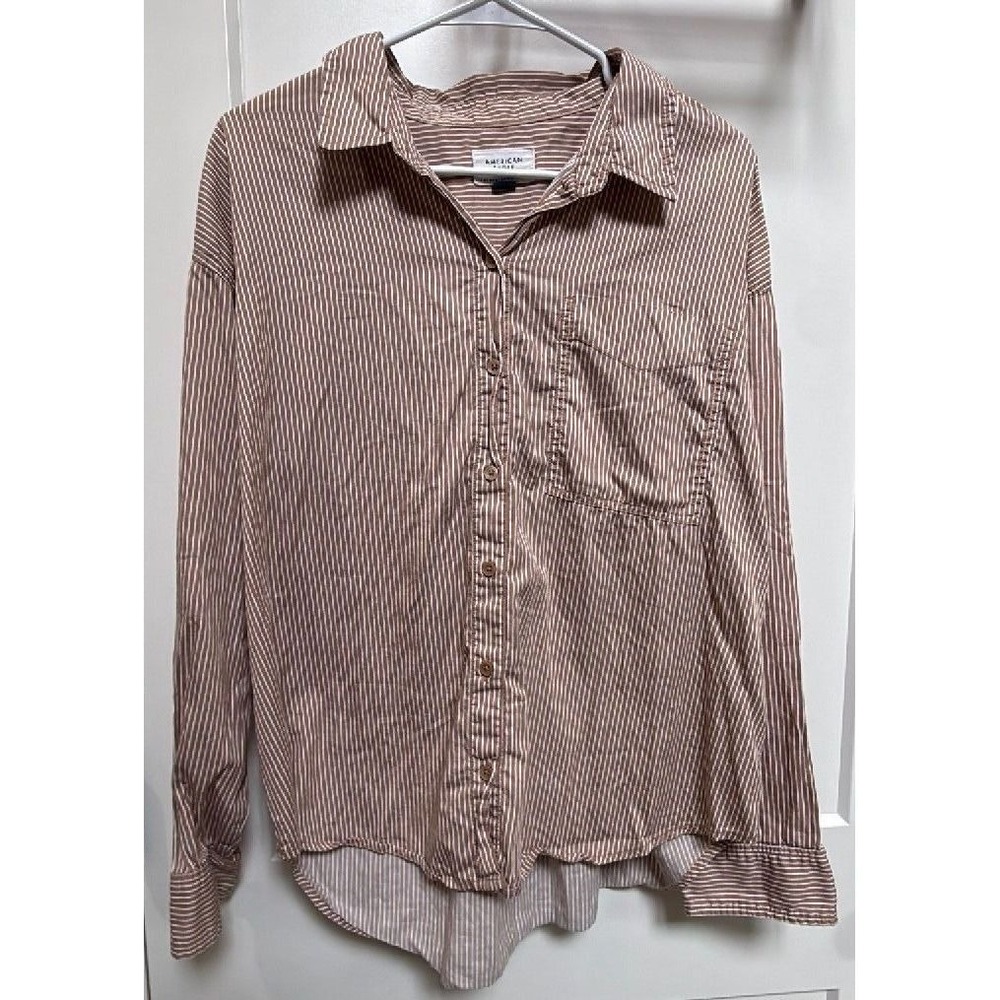 American Eagle Striped Button Down Mens Med Brown White 100% Cotton Long Sleeve
